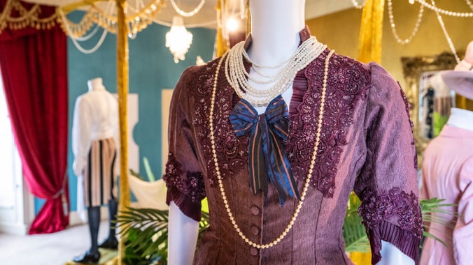 An elegant purple dress, with rows of pearls created for the film Madfabulous on display in the exhibition at Plas Newydd